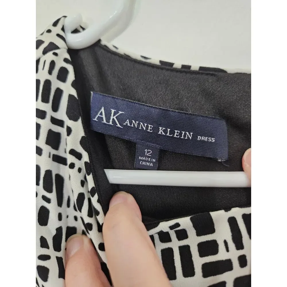 Anne Klein Faux Twist Front Dress Sz 12 Large Black/White Geometric Sleeveless
